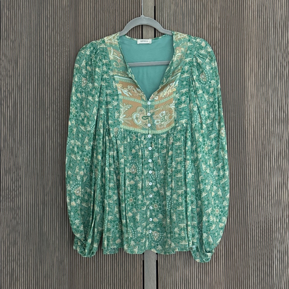 Spell & The Gypsy Collective Emerald Madame Peacock Floral Boho Blouse - Picture 5 of 8